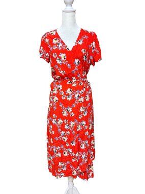 GAP Red Floral Wrap Midi Dress Rayon Short Sleeve Size M